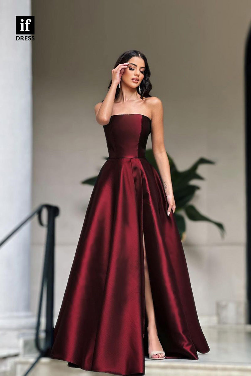 34419 - Classic Off Shoulder Square A-Line Slit Prom Evening Formal Dress