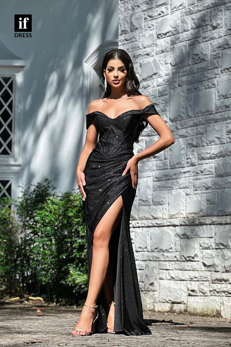 34417 - Off Shoulder Sequines Pleats Slit Prom Evening Formal Dress