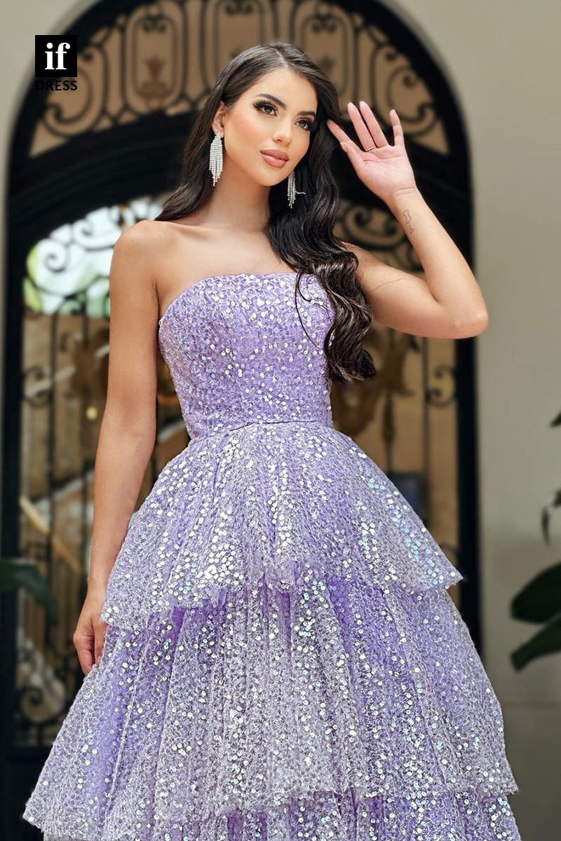 34420 - Tiered A-Line Sparkly Strapless Tulle Prom Evening Formal Dress