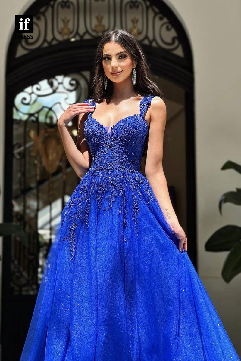 34430 - Generous Straps A-Line V-Neck Appliques Prom Evening Formal Gown