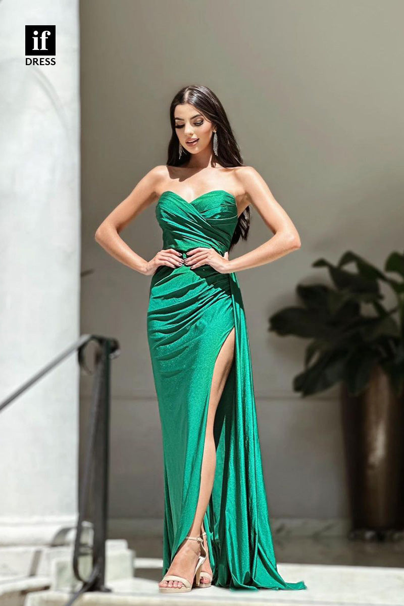 34431 - Classy Strapless Pleats Long Prom Evening Formal With High Slit