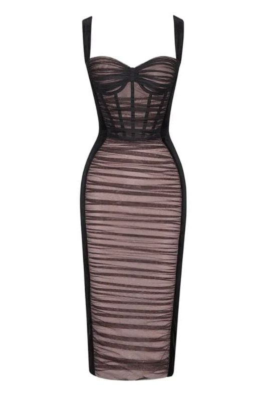 Woman wearing a figure flattering  Marilyn Bodycon Wrap Midi Dress - Classic Black BODYCON COLLECTION