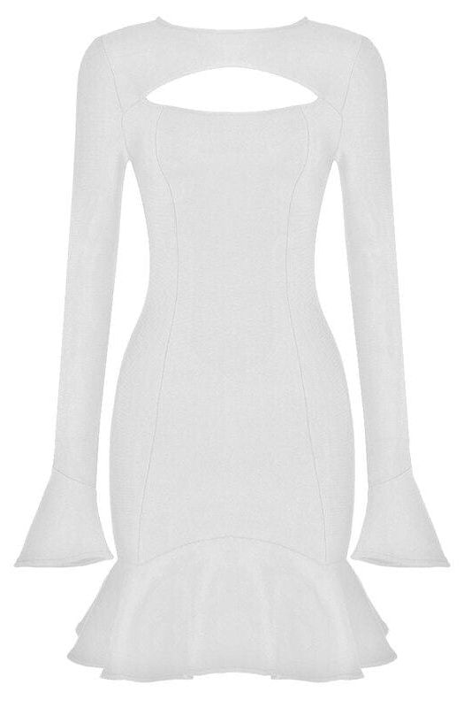 Woman wearing a figure flattering  Mary Long Sleeve Bodycon Mini Dress - Pearl White BODYCON COLLECTION