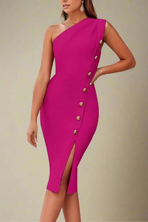 Woman wearing a figure flattering  Mel Bodycon Midi Dress - Magenta Pink BODYCON COLLECTION