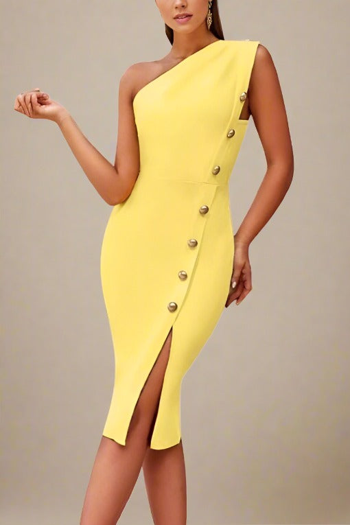 Woman wearing a figure flattering  Mel Bodycon Midi Dress - Sun Yellow BODYCON COLLECTION