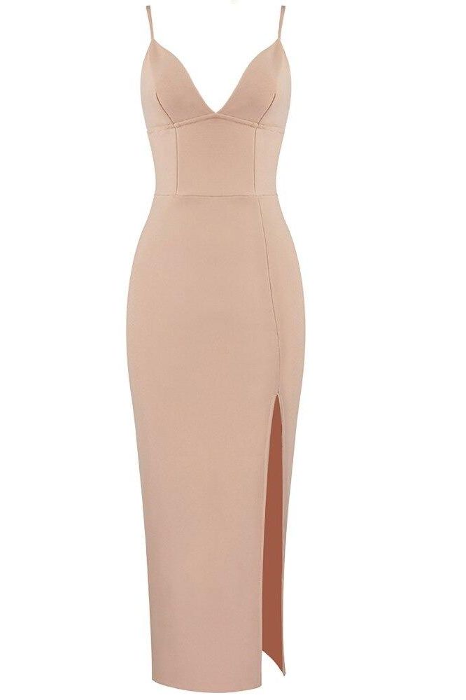 Woman wearing a figure flattering  Milan Bandage Midi Dress - Nude BODYCON COLLECTION