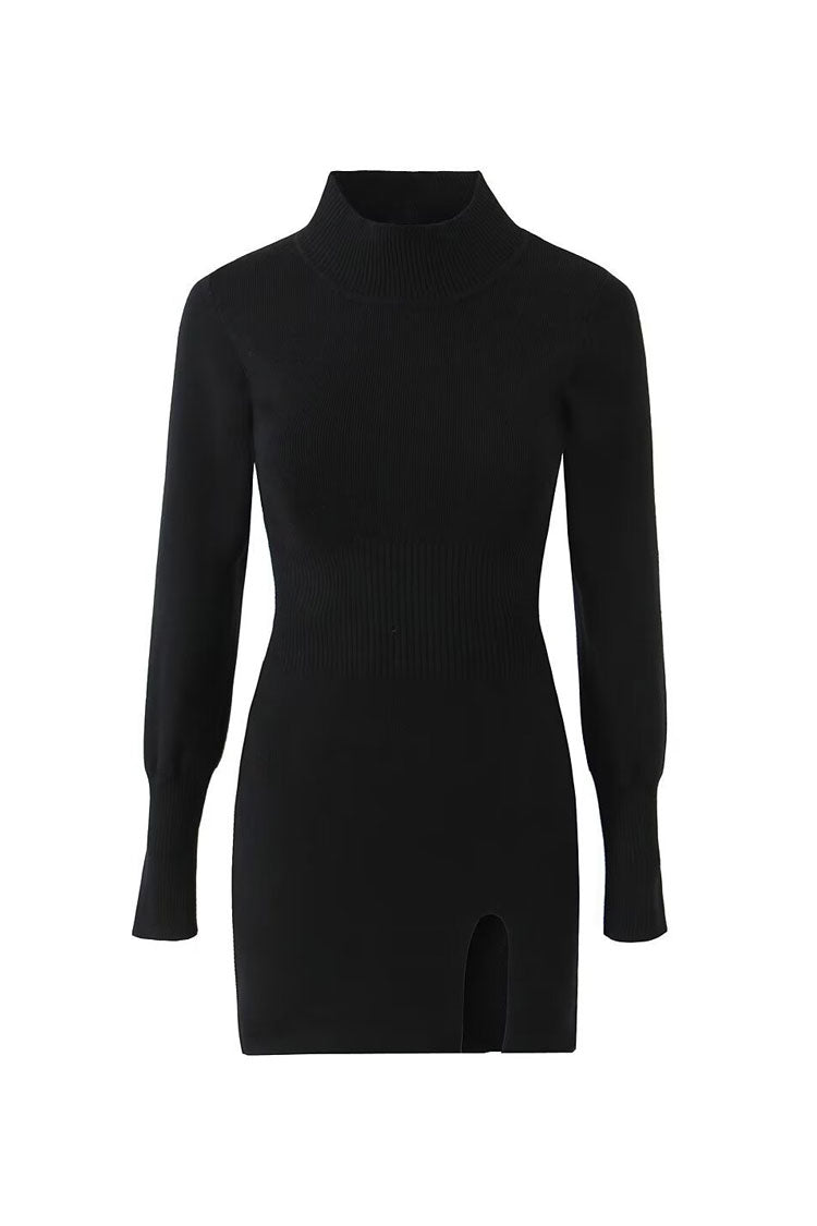 Minimalist Mock Neck Long Sleeve Split Sheath Ribbed Knit Sweater Mini Dress