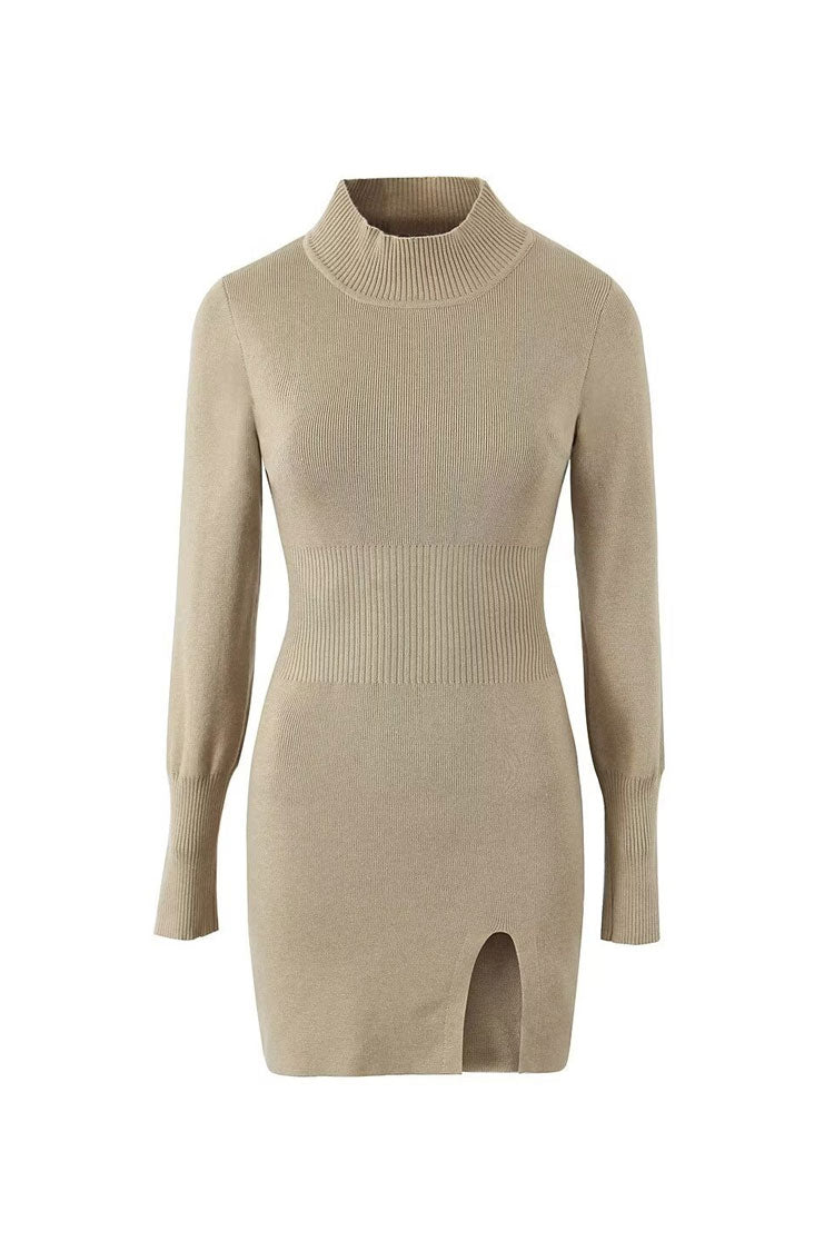 Minimalist Mock Neck Long Sleeve Split Sheath Ribbed Knit Sweater Mini Dress