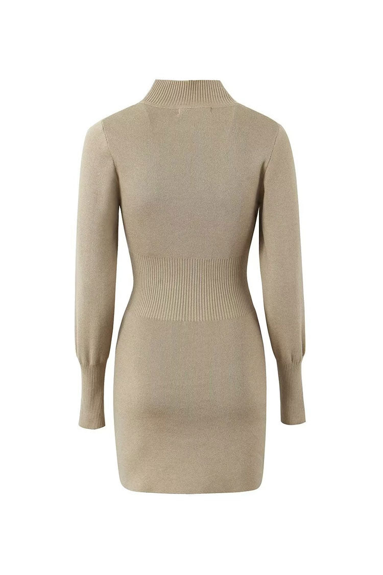 Minimalist Mock Neck Long Sleeve Split Sheath Ribbed Knit Sweater Mini Dress