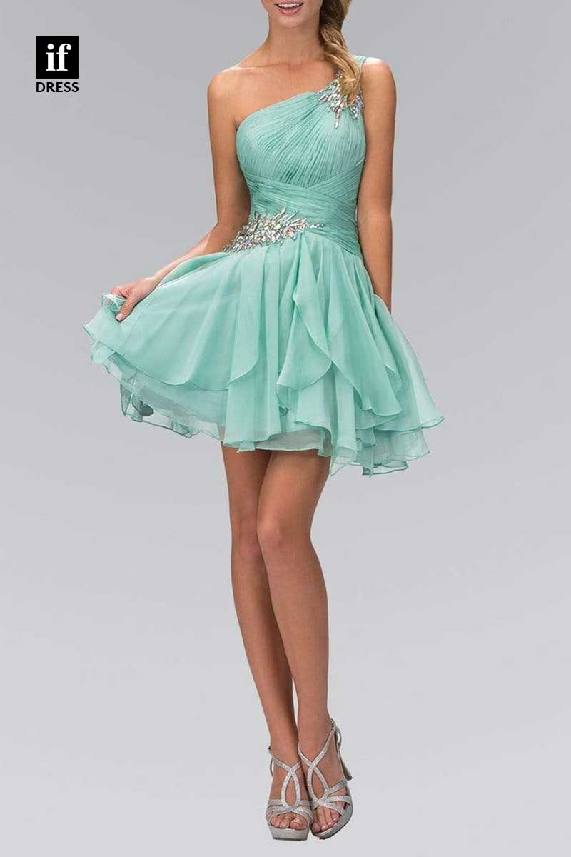 F1268 - Unique One Shoulder Ruched Beads A-Line Party Graduation Dress