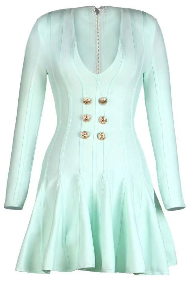 Modern Shoulder Pad Long Sleeve Ruffle Bandage Mini Dress - Lake Green