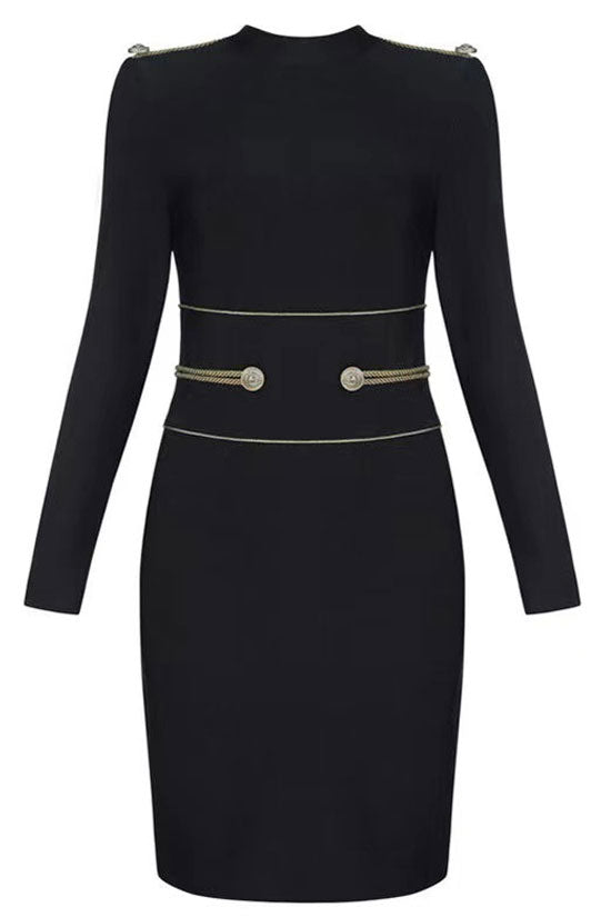 Noble Mock Neck Rope Trim Long Sleeve Bandage Bodycon Party Mini Dress - Black