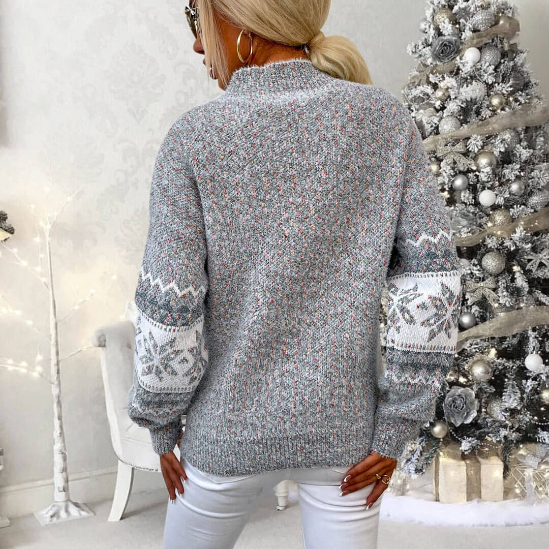 Nordic Fair Isle Mock Neck Chenille Marled Knit Snowflake Pullover Sweater - Gray