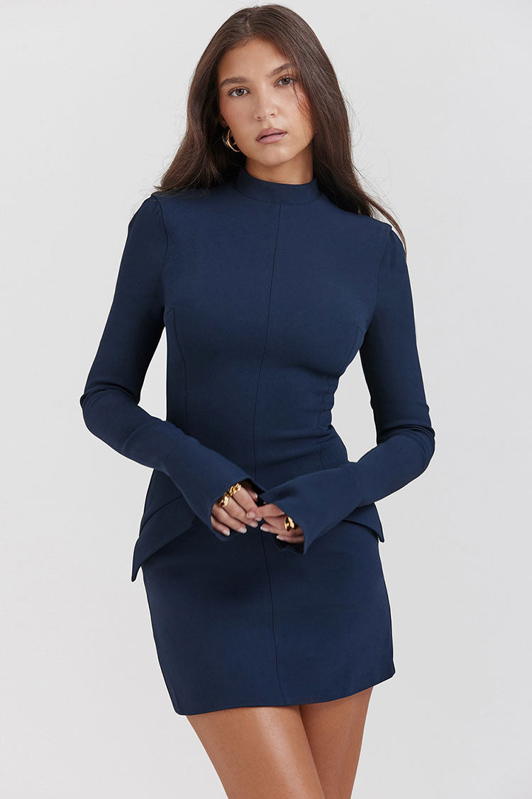 OL Mock Neck Bell Sleeve Flap Pocket Bodycon Party Mini Dress - Navy Blue