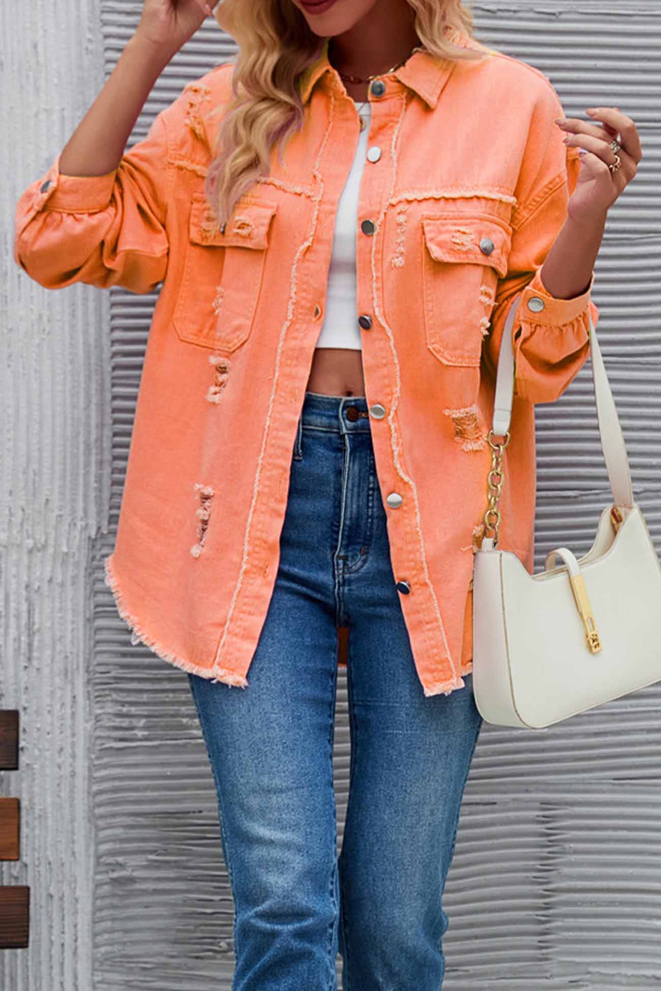 Washed Long Sleeve Ripped Tassels Denim Jacket