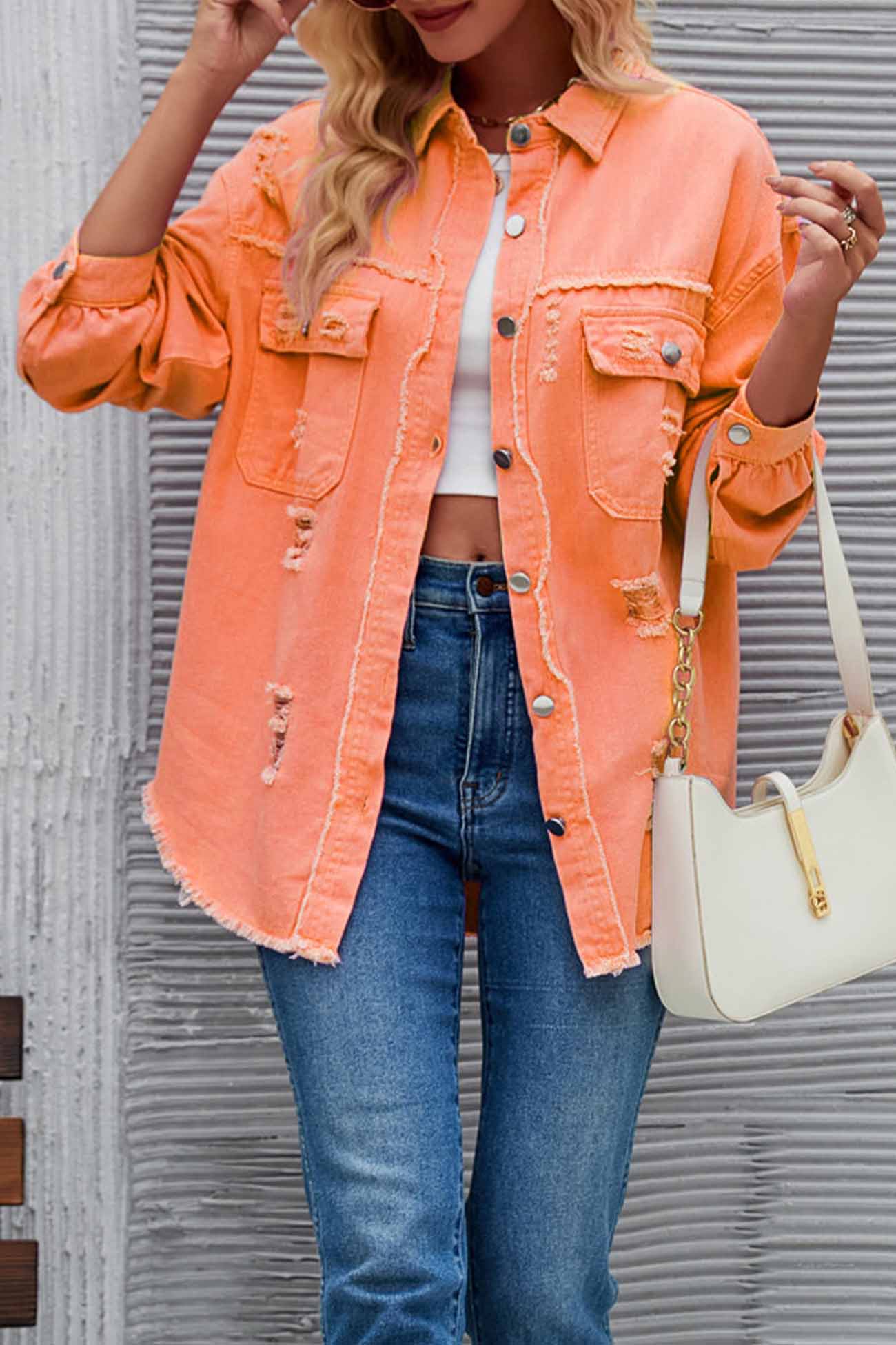 Washed Long Sleeve Ripped Tassels Denim Jacket