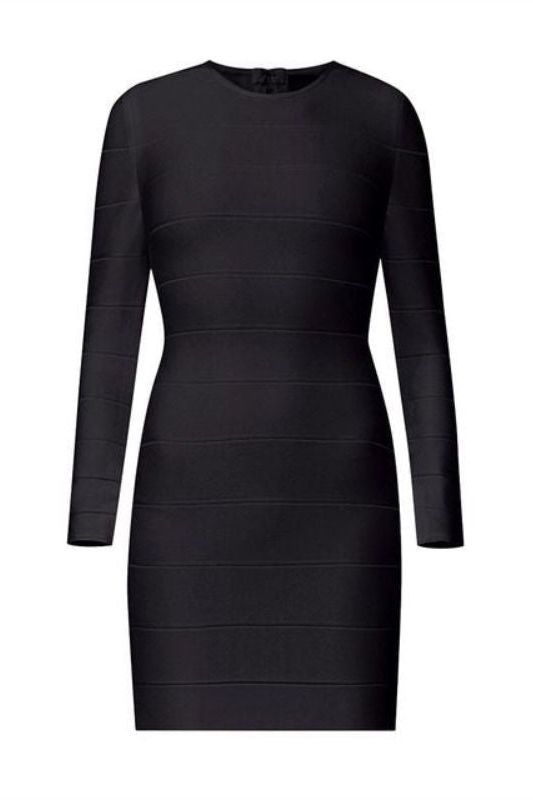 Woman wearing a figure flattering  Pamela Long Sleeve Bandage Mini Dress - Classic Black BODYCON COLLECTION