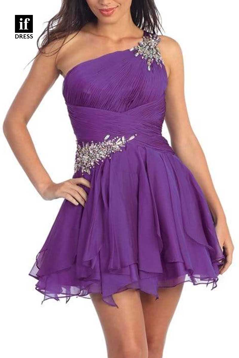 F1268 - Unique One Shoulder Ruched Beads A-Line Party Graduation Dress