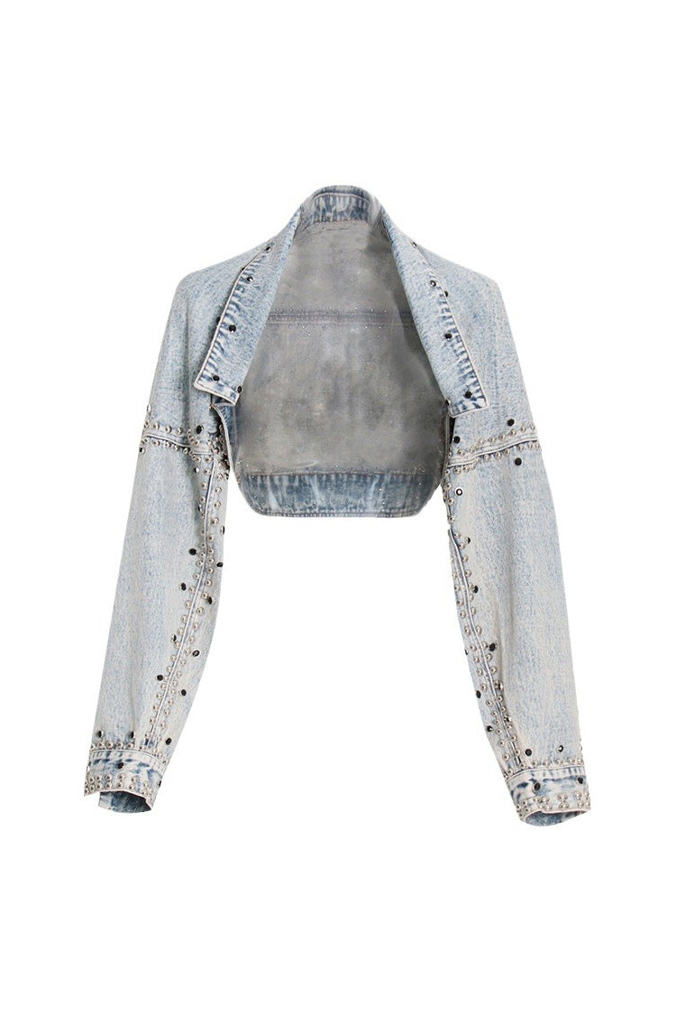 Retro Drop Shoulder Long Sleeve Open Front Studded Crop Denim Bolero Jacket