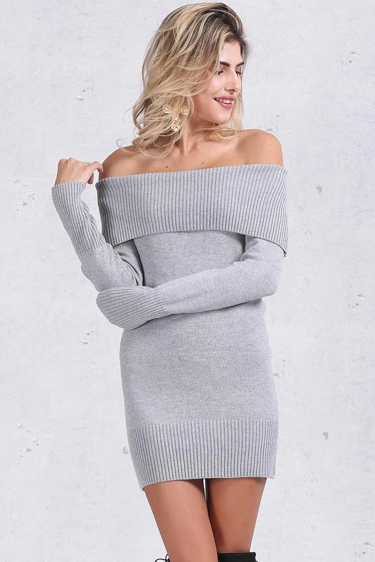 Ribbed Long Sleeve Draped Off Shoulder Mini Sweater Dress - Gray