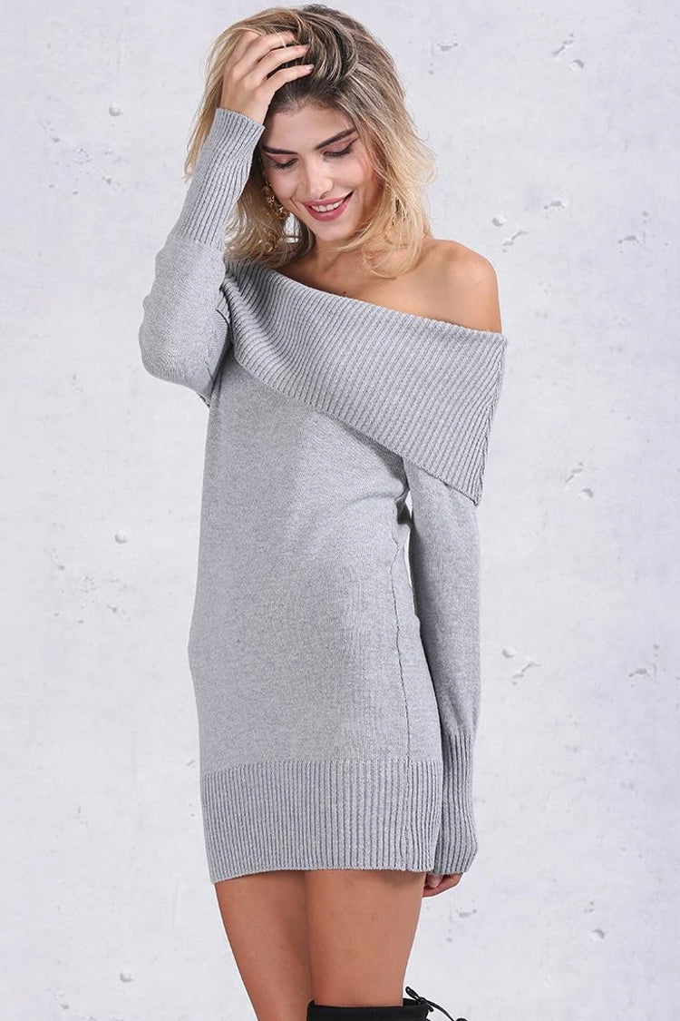 Ribbed Long Sleeve Draped Off Shoulder Mini Sweater Dress - Gray