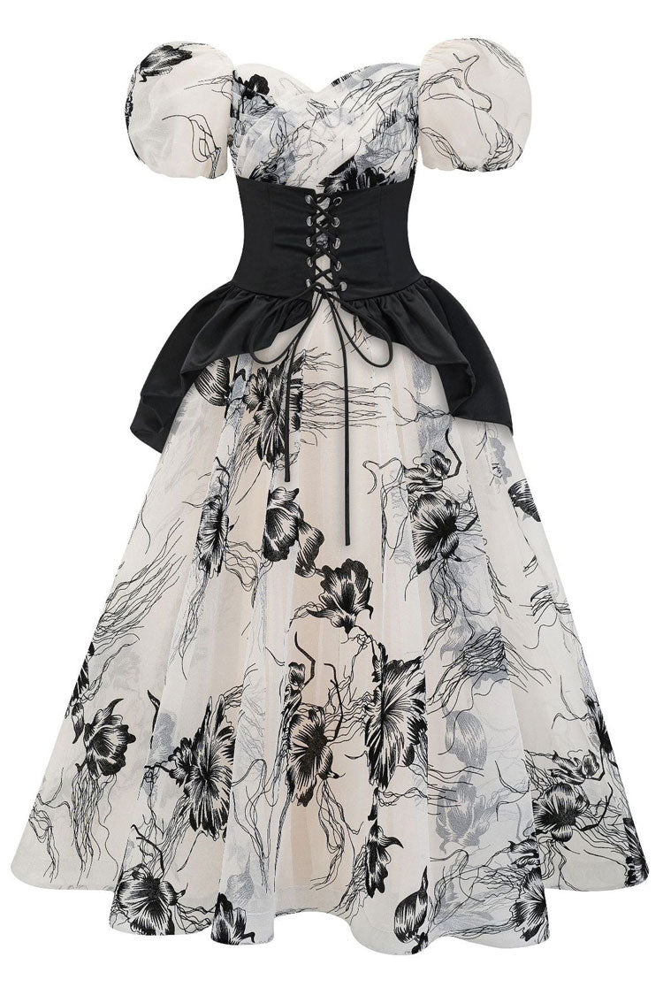 Romantic Puff Sleeve Floral Organza Peplum Belted Gown Maxi Dress - Black