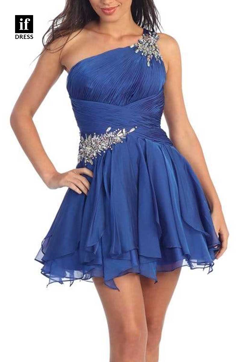 F1268 - Unique One Shoulder Ruched Beads A-Line Party Graduation Dress