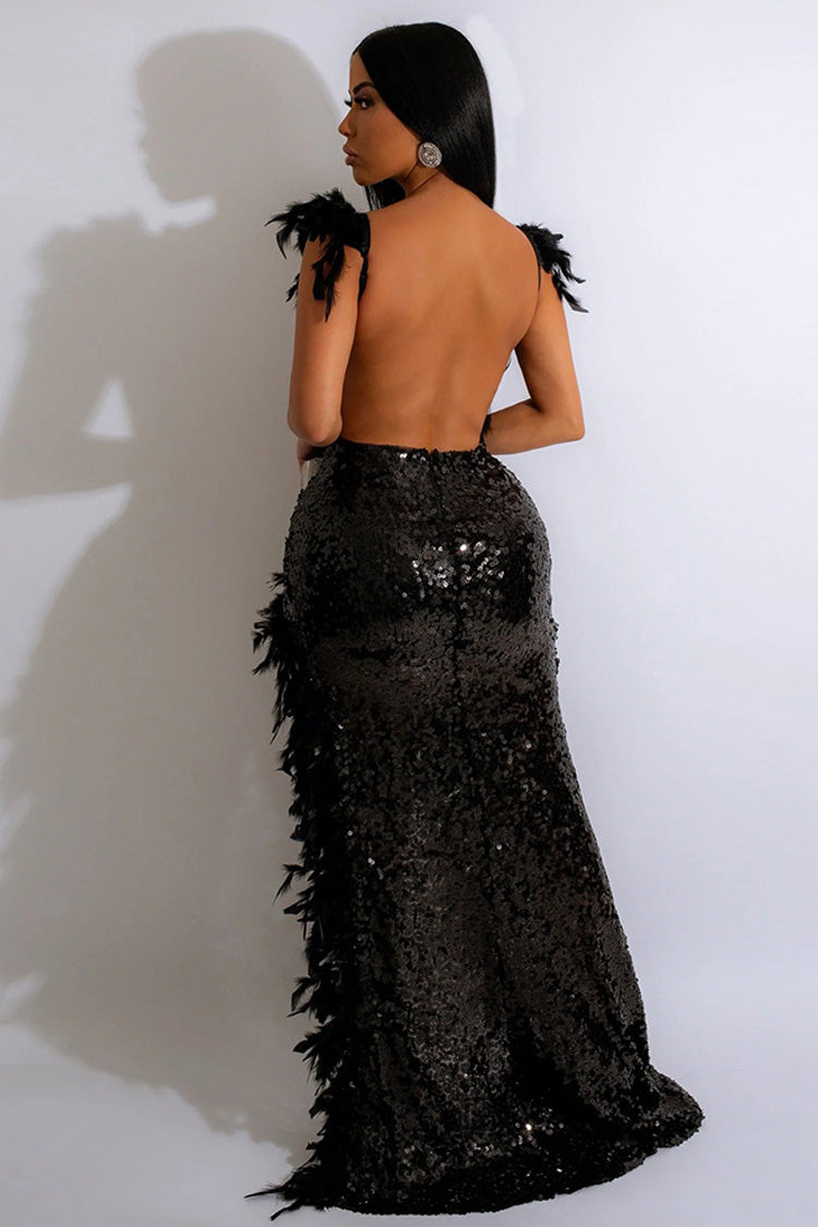 Sexy Backless Faux Feather Deep V Split Sequin Evening Maxi Dress