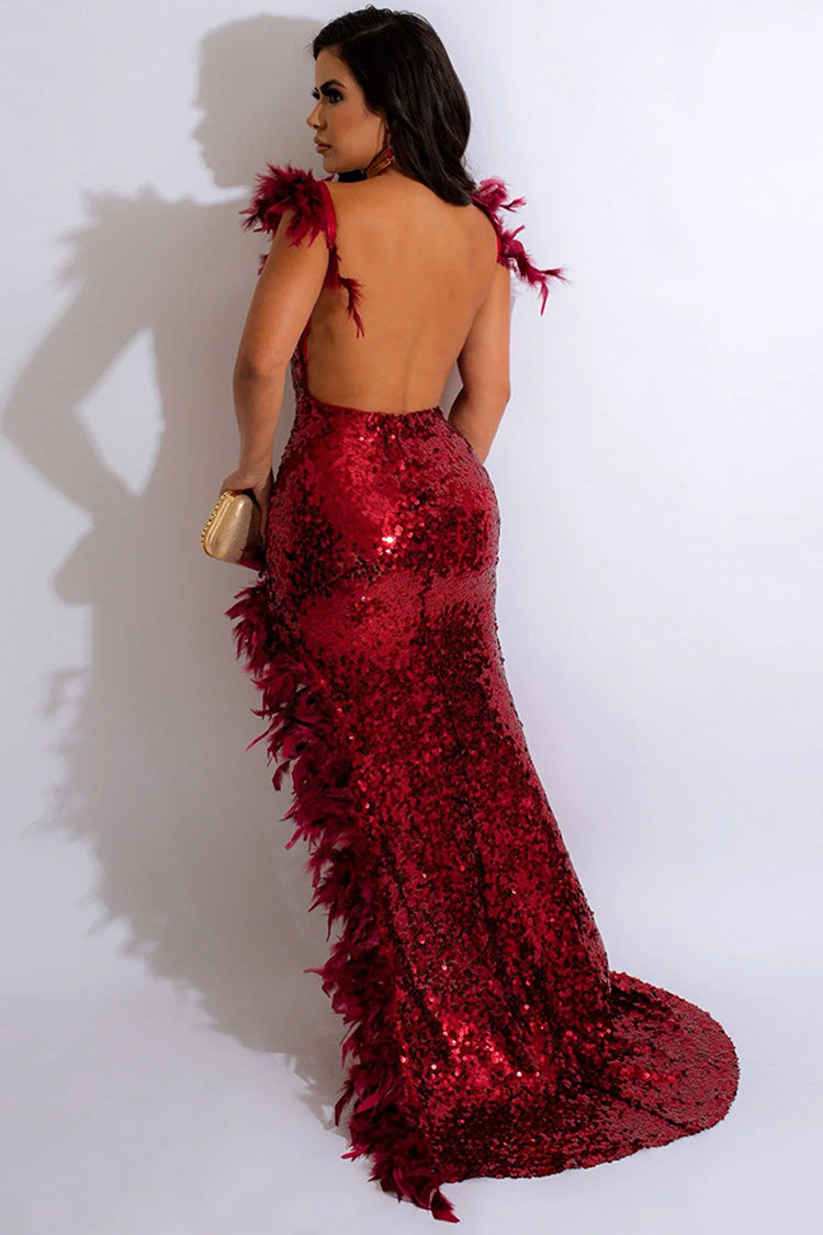 Sexy Backless Faux Feather Deep V Split Sequin Evening Maxi Dress