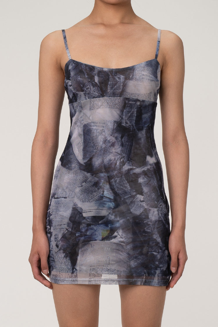 Sexy Blurry Geometric Printed Mesh Bodycon Sleeveless Club Mini Dress