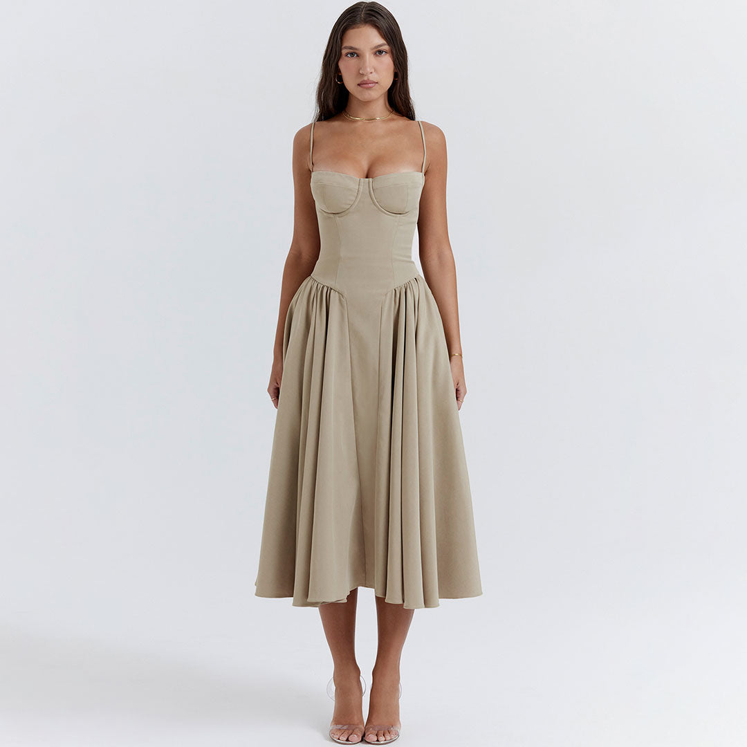 Sexy Demi Neck Drop Waist Fit and Flare Midi Cami Sundress - Khaki