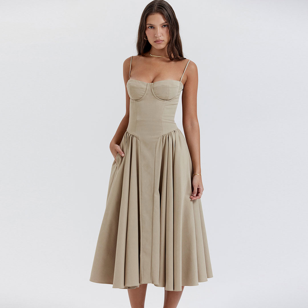 Sexy Demi Neck Drop Waist Fit and Flare Midi Cami Sundress - Khaki