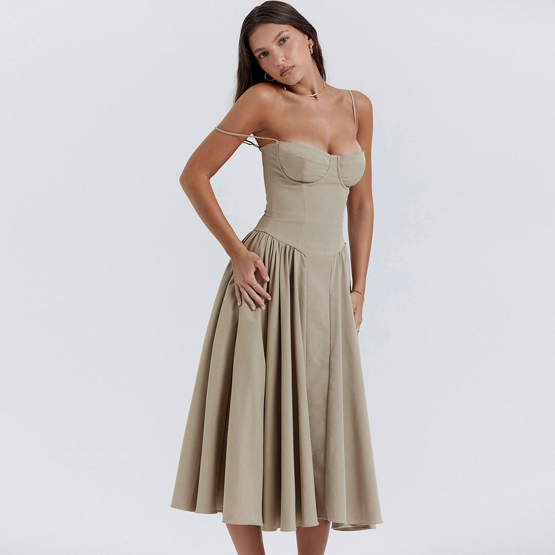 Sexy Demi Neck Drop Waist Fit and Flare Midi Cami Sundress - Khaki