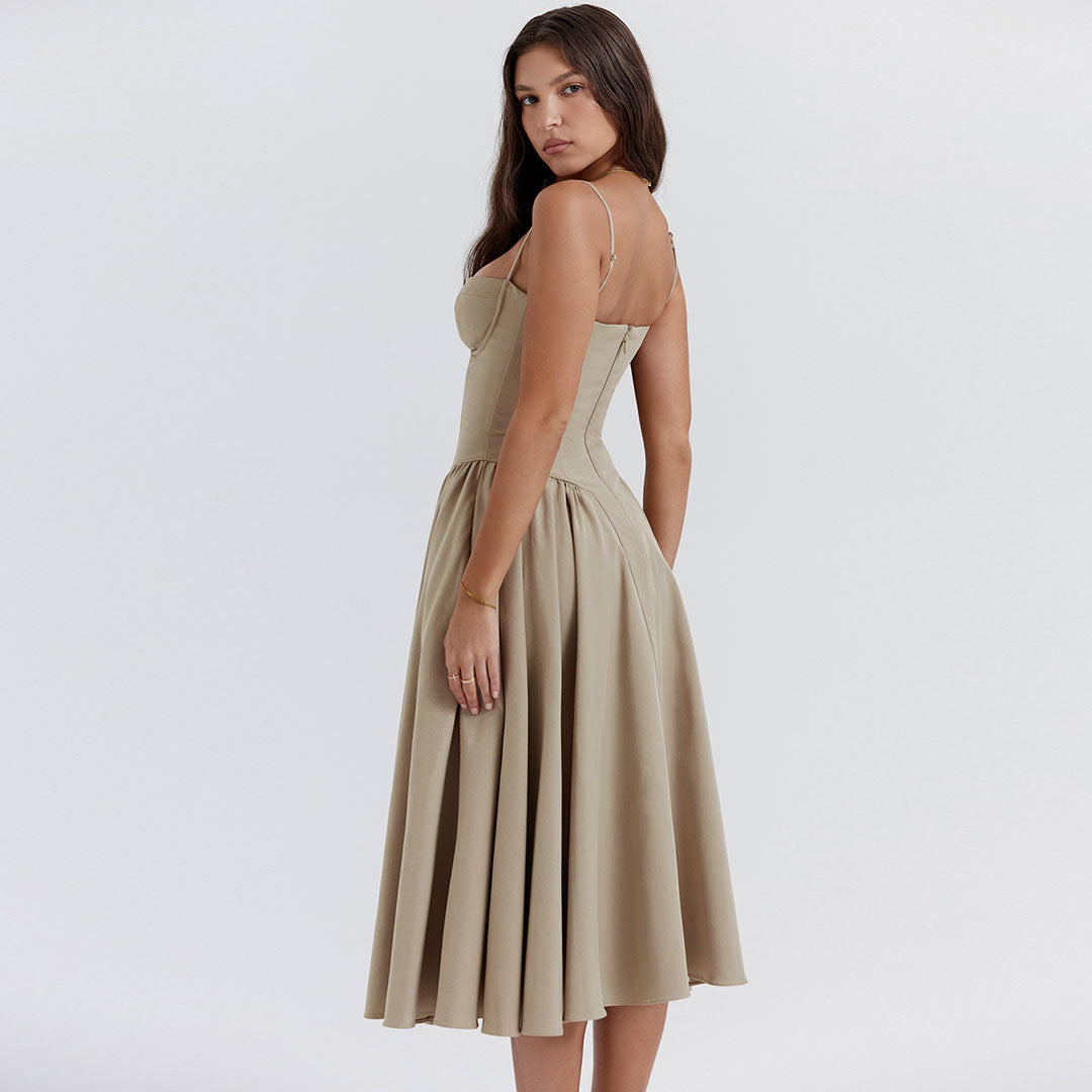 Sexy Demi Neck Drop Waist Fit and Flare Midi Cami Sundress - Khaki