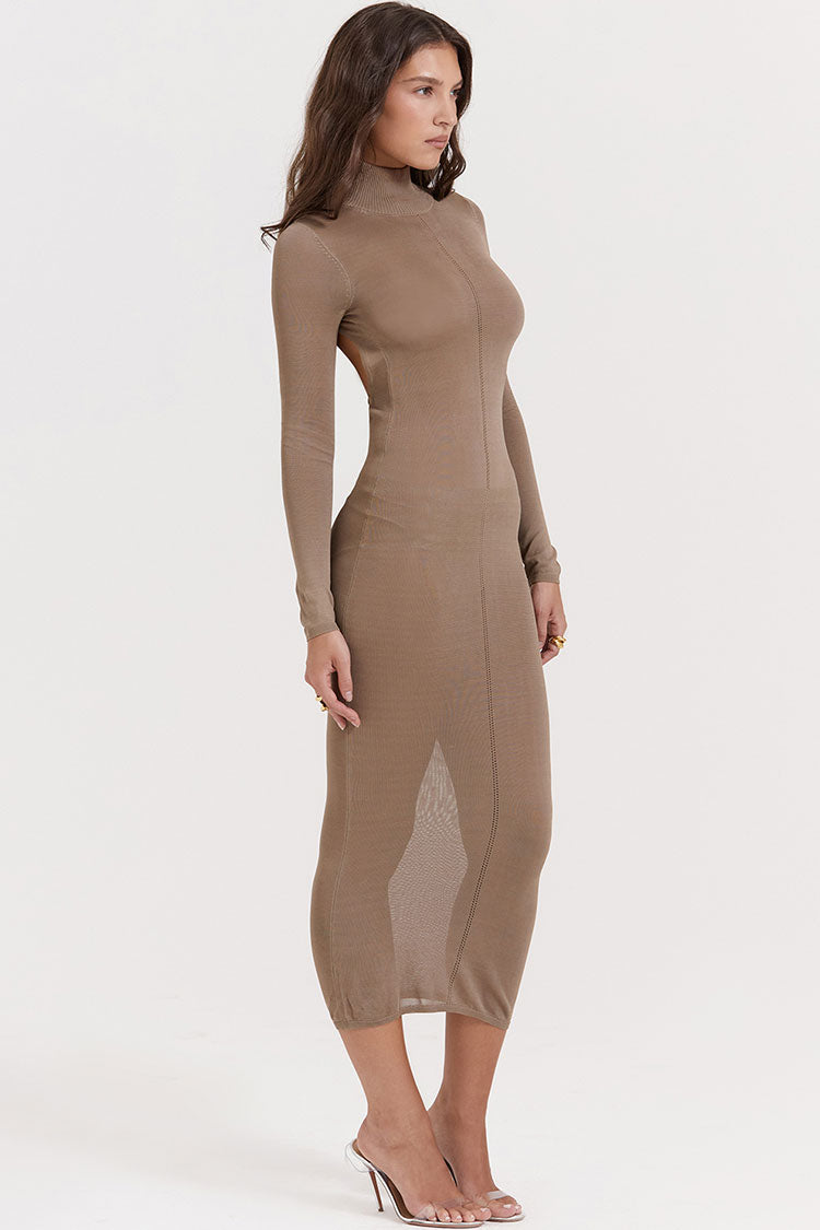 Sexy High Neck Long Sleeve Cutout Back Fit Semi Sheer Sweater Midi Dress - Khaki