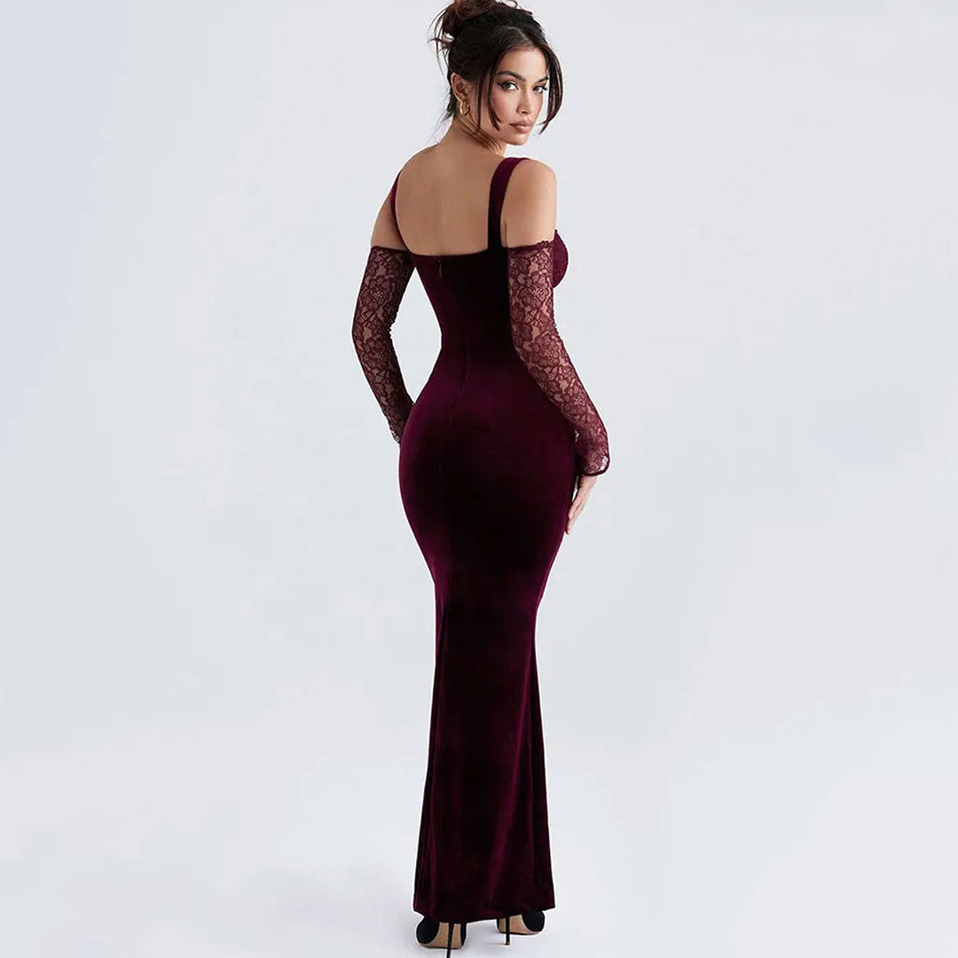 Sexy Lace Sweetheart Neck Bow Tie Velvet Mermaid Maxi Dress - Burgundy