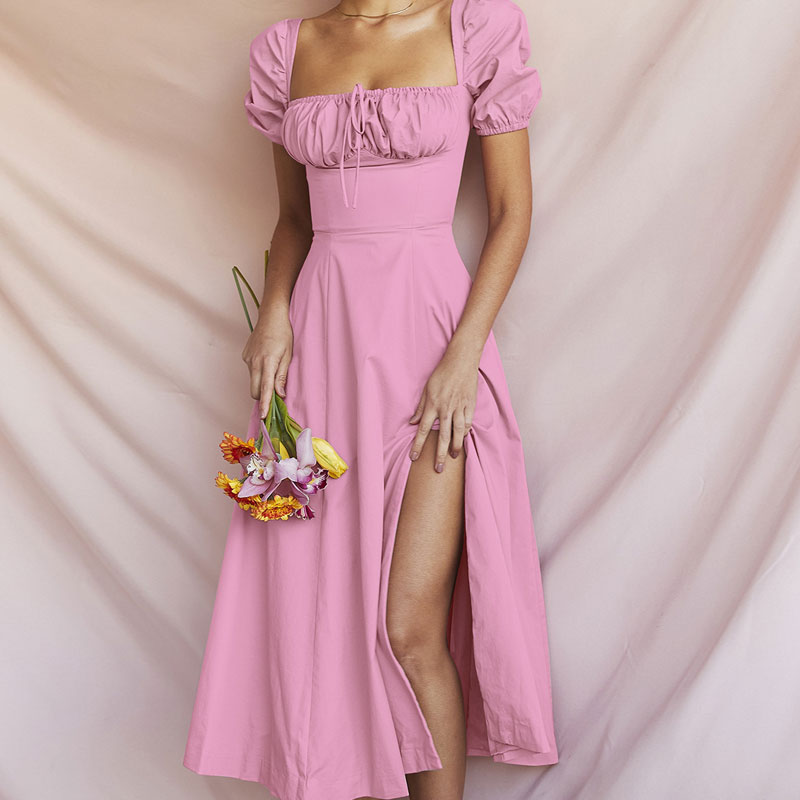 Sexy Puff Sleeve Tie Front High Split Off Shoulder Midi Sundress - Pink