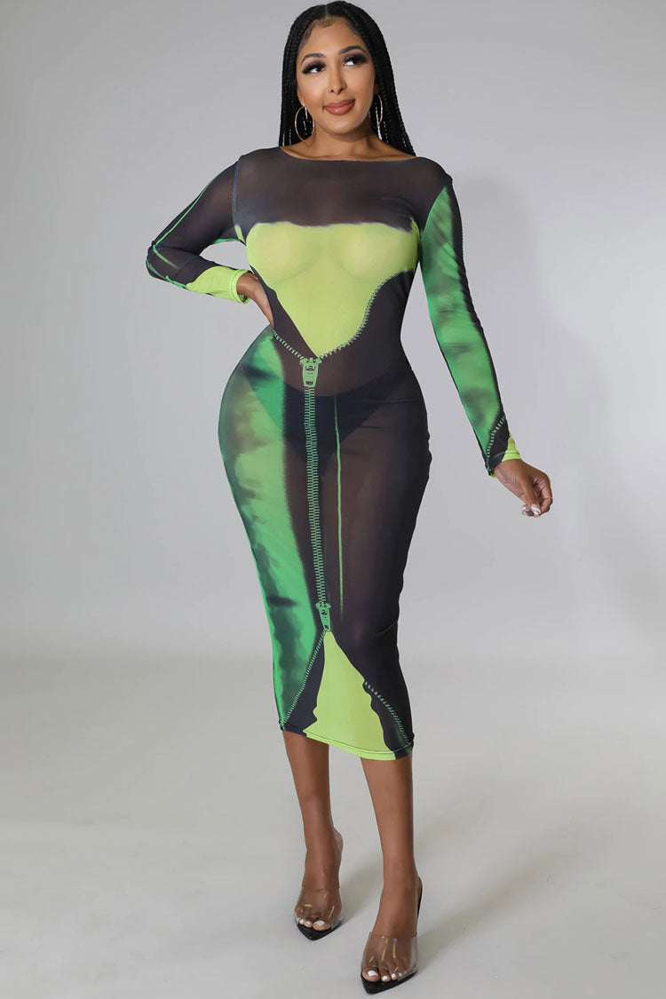 Sexy Round Neck Tie Dye Printed Long Sleeve Sheer Mesh Midi Dress - Green