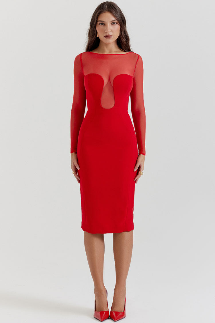 Sexy Sheer Mesh Crew Neck Long Sleeve Bodycon Cocktail Party Midi Dress - Red