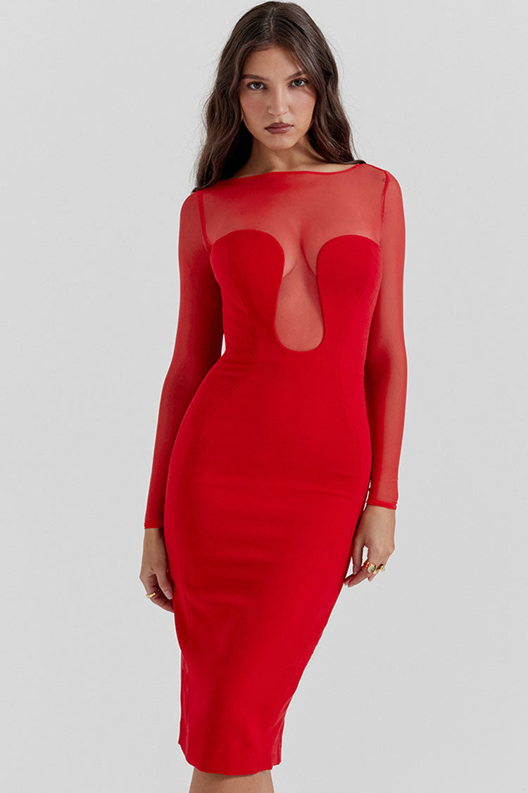 Sexy Sheer Mesh Crew Neck Long Sleeve Bodycon Cocktail Party Midi Dress - Red