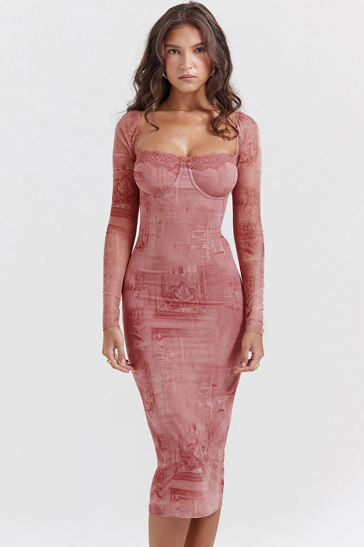 Sexy Sweetheart Lace Up Back Bodycon Printed Cocktail Party Midi Dress - Pink