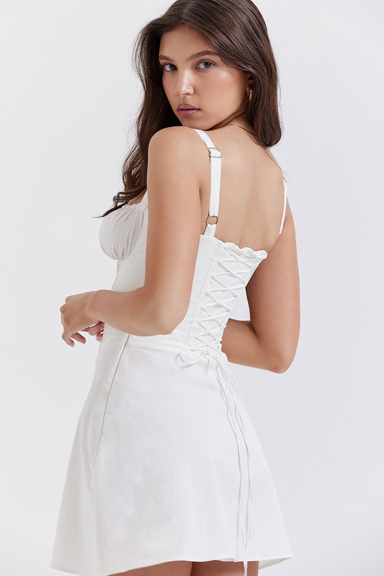 Sexy Tie Front Lace Up Back Fit & Flare Corset Mini Sundress - White