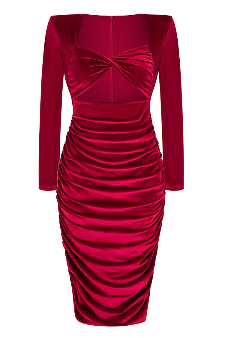 Sexy Twist Front Cutout Shoulder Pad Velvet Ruched Cocktail Midi Dress - Burgundy