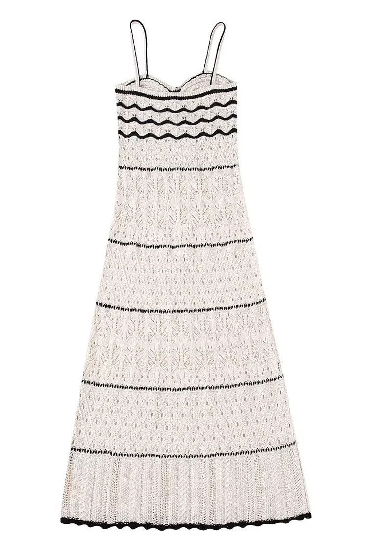 Sexy V Neck Cami Bicolor Striped Crochet Knit Midi Beach Vacation Dress - White