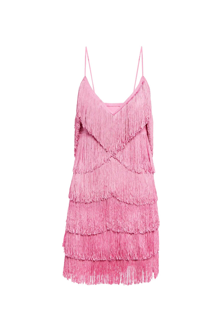 Sexy V Neck Spaghetti Strap Layered Fringe Flapper Bodycon Party Mini Dress