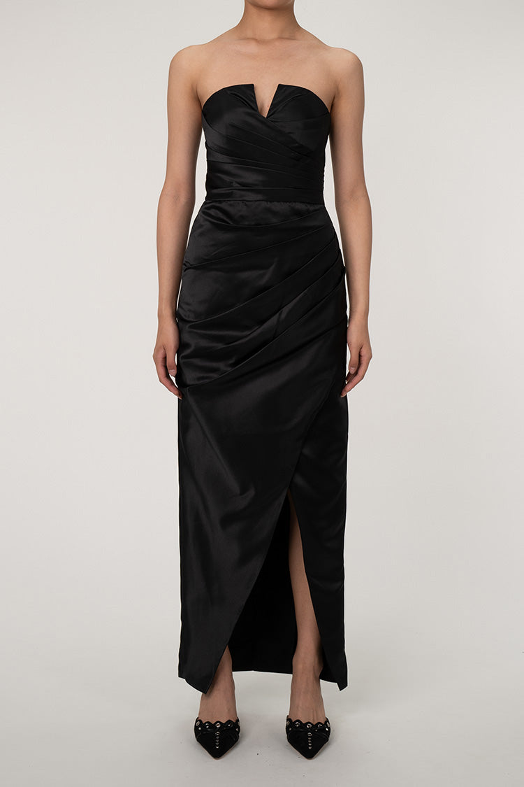 Silky Satin Notch V Strapless Draped Evening Maxi Dress - Black