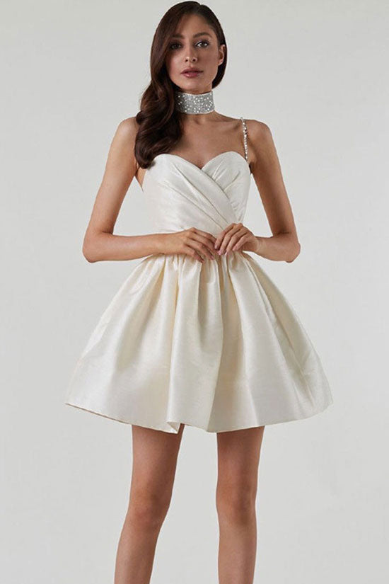 Silky Sweetheart Spaghetti Strap Pleated Satin Skater Mini Dress - White