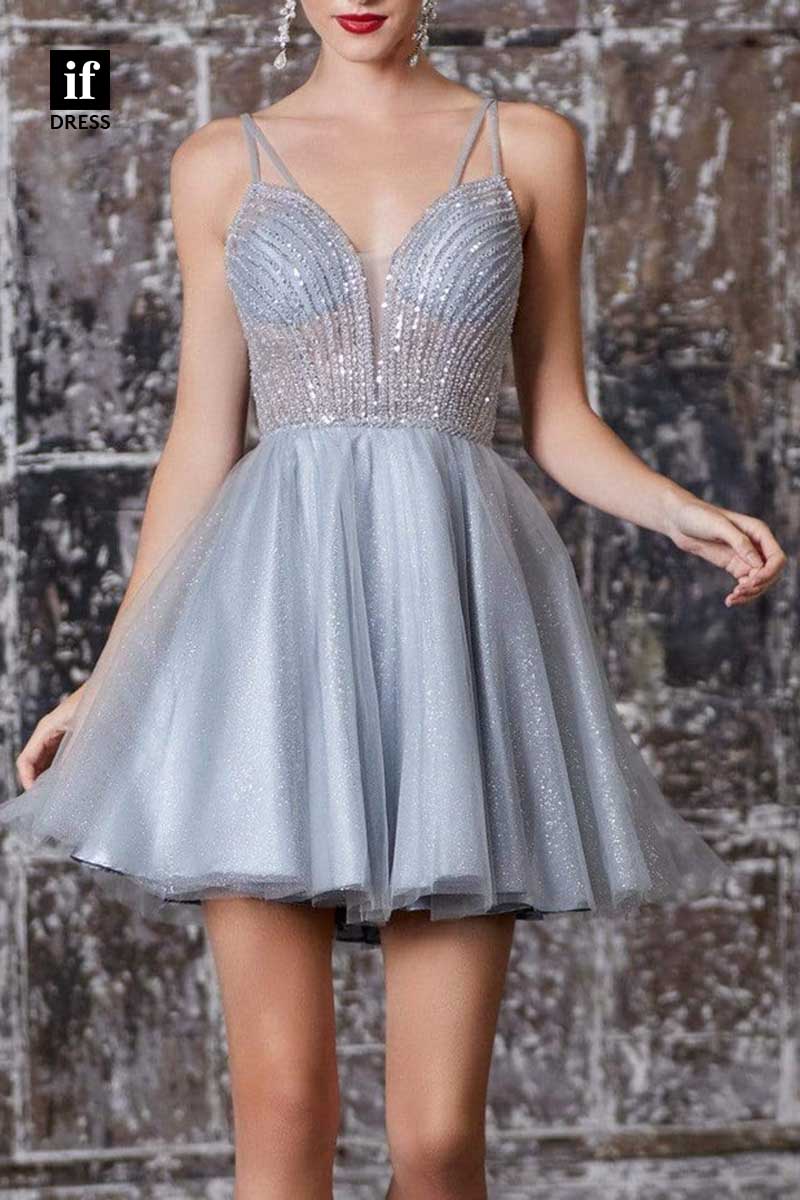 F1269 - Charming Spaghetti Straps V-Neck Sparkly Coaktail Homecoming Dress