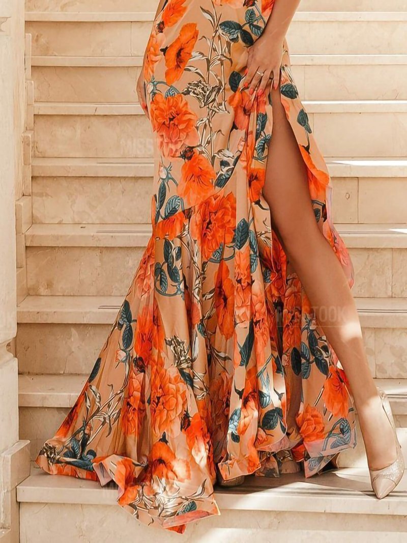 Sleeveless Halter Print Split Long Dress