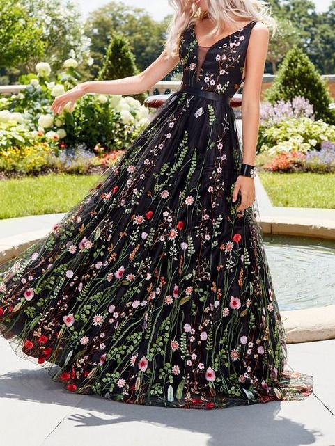 Slim Deep V Neck Sleeveless Embroidered Long Dress